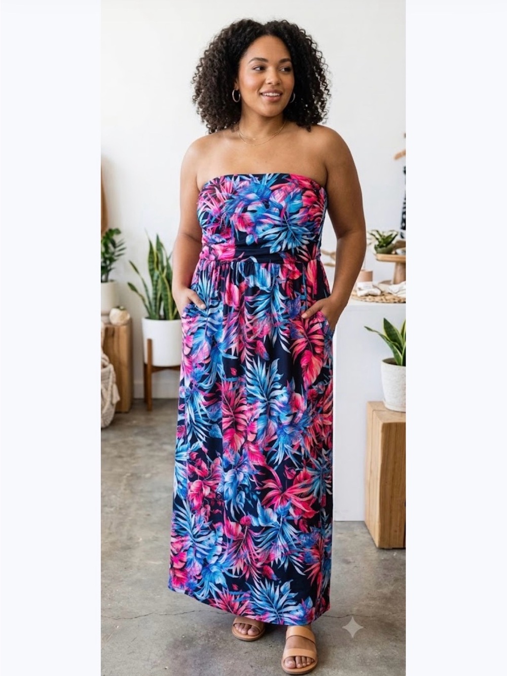Vanilla Bay Strapless Tropical Maxi Dress - Navy, Pink, Blue